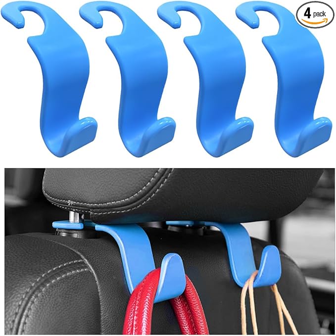 povtii 4PCS Car Seat Headrest Hook, Auto Back Seat Hanging Storage Organizer, Vehicle Seatback Hanger Holder for Purse Handbag Coat Umbrella, Universal Interior Car Accessories (Light Blue)