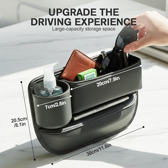 Car Leather Cup Holder Gap Bag, Adjustable Car Seat Gap Storage Box Leather with Cup Holder, for Keys, Cards, Phone, Sunglasses, Multi-Purpose Essentials Organizer (Red, Driver's Seat)