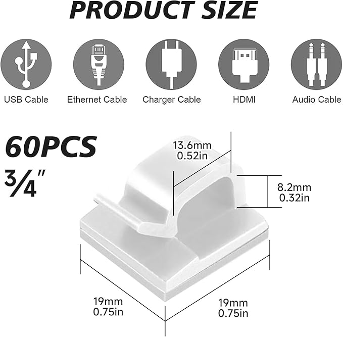 3/4 in Adhesive Cable Clips, 60pcs Outdoor Light Clips, Cord Clips, Sturdy Wire Clips, Finisher Wire Clamp for Home, Car, Office Wire Management Clips (White, 3/4"-60PCS)