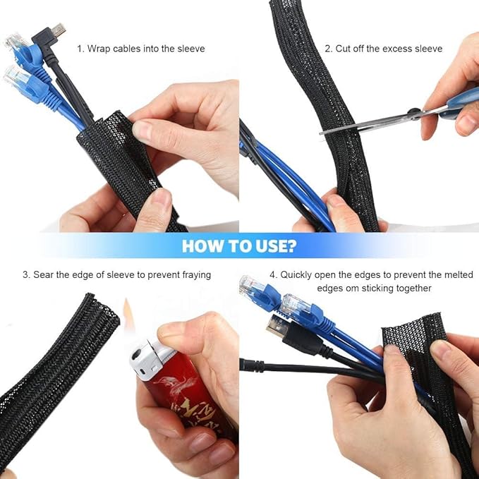 AGPTEK Cable Sleeve, 6.6ft - 2/3 inch Cable Management Desk Cord Cover Organizer Wire Hider for Home Office Computer TV Wire Loom Tubing Pet Proof Cord Protector from Cat Dog Chewing, Black