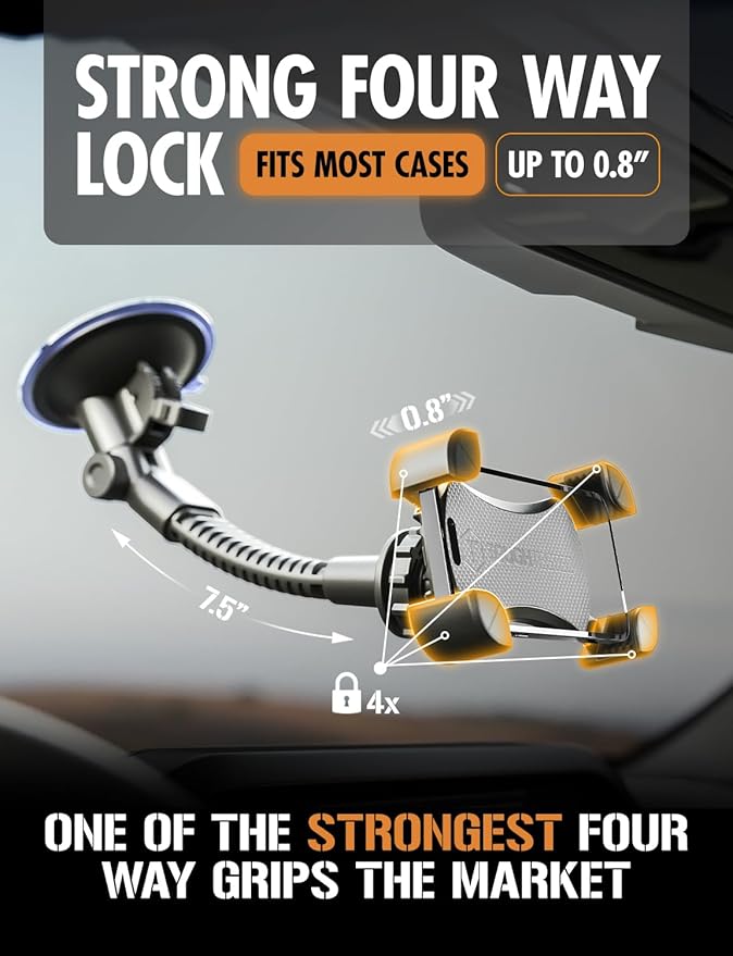 ToughTested Mammoth Truck Windshield Phone Mount, Vibration Absorbing Car Phone holder with One-hand Quick Release, Double-ribbed Gooseneck, Expandable Claw Grip, 360 rotation, Extra Large Suction Cup