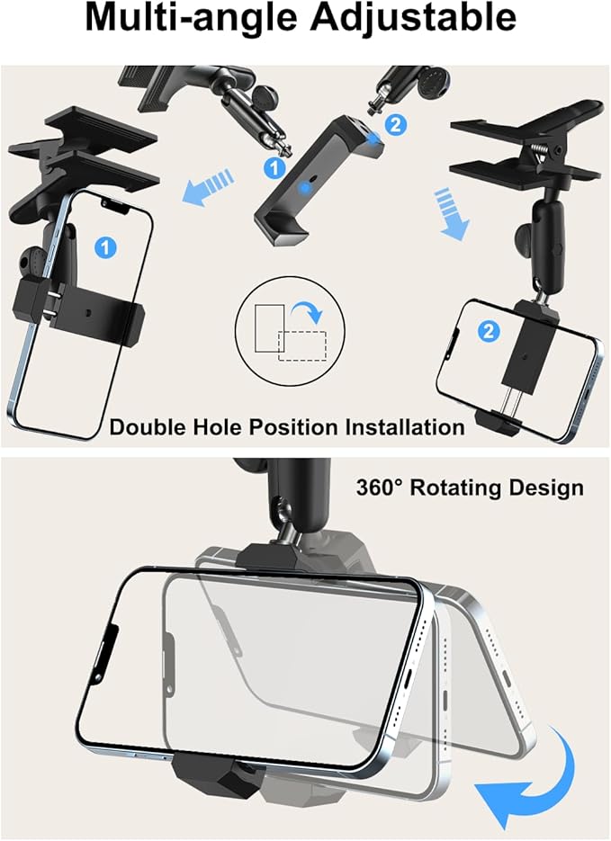 Car Sun Visor Phone Holder - [Metal Arm Clamp] Cell Phone Holders for Your Car Mount, 360° Adjustable Automobile Hands Free Cradle, for iPhone 17 Air Pro Max 16 15 14 13 12, Android, 4-7" Smartphones