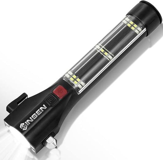 SINSEN Car Safety Hammer Flashlight, Tactical Emergency Rescue Tool, LED High Lumens Rechargeable Solar Powered Escape Kit, Window Glass Breaker and Seatbelt Cutter, Self Defense Multi-Function Torch