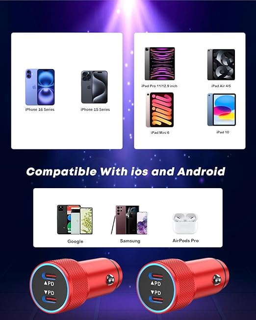 Fast Car Charger for iPhone 16,USB C Charging iPhone 2Pack Dual USB C Port Car Charger Block Cigarette Lighter Adapter Plug with Woven Braided USBC to USBC Cord for iPhone 16/16 Pro/15/iPad(Red)