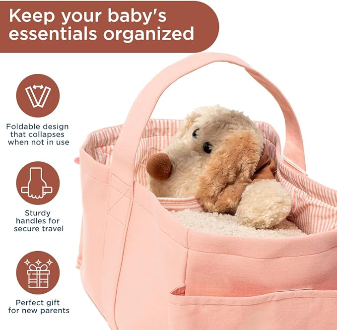 Folkulture Baby Diaper Caddy | Cotton Diaper Bag for Kids - Stylish Comfort Spacious Travel Essential Cart | Nursery Storage Bin and Car Organizer for Diapers, Wipes - (Powder Pink -15")