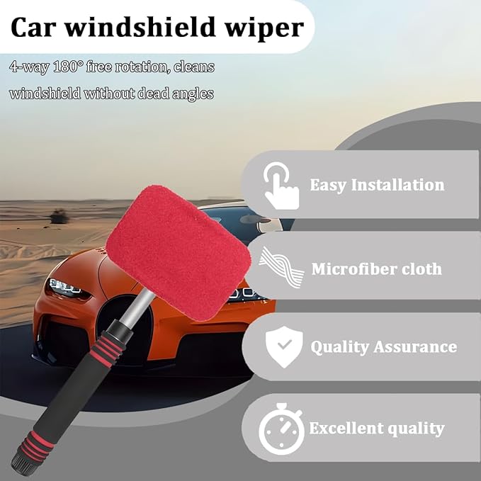 HZEL Car Windshield Cleaner Tool with Extendable Handle, Vehicle Glass Wiper Window Cleaning Tool with 2 Reusable Microfiber Pad, Auto Windscreen Detailing Cleaner Kit, Universal Fit (Square Red)