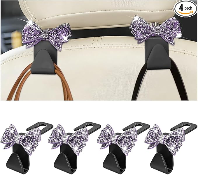 Zpana Bling Car Headreat Hook, 2PCS Crystal Rhinestone Cute Bow Vehicle Seat Back Hanger Storage for Purses Bags Grocery, Diamond Auto Rear Seat Organizer, Universal for SUV Truck Sedan (Purple)