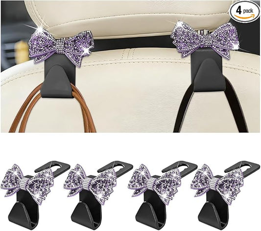 Zpana Bling Car Headreat Hook, 2PCS Crystal Rhinestone Cute Bow Vehicle Seat Back Hanger Storage for Purses Bags Grocery, Diamond Auto Rear Seat Organizer, Universal for SUV Truck Sedan (Purple)