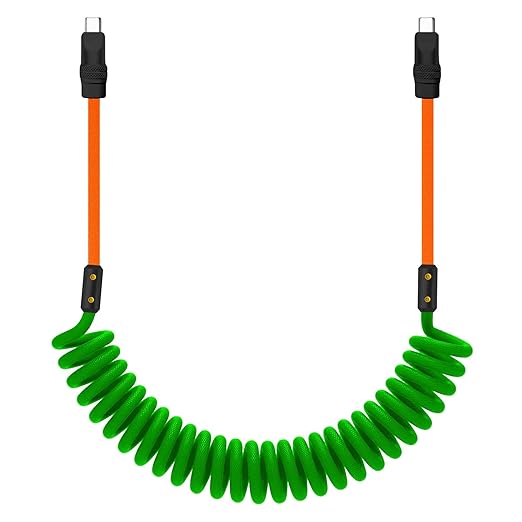 chubbycable Curly Chubby 240W Coiled USB C Cable Retractable Fast Charging Cable for Car Charger Cord Compatible with iPhone 17-15 Series, Green+Orange, Type-C to Type-C, 2.29FT-3.6FT