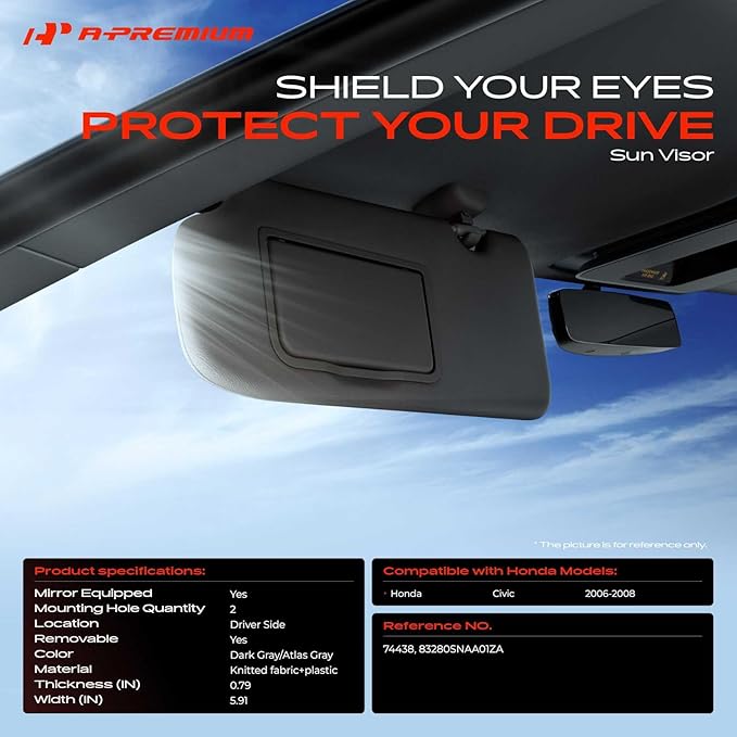 A-Premium Driver Left Side Sun Visor Compatible with Honda Civic 2006 2007 2008 - with Vanity Mirror, Dark Gray Color - Replaces 83280-SNA-A01ZA, 83280SNAA01ZA