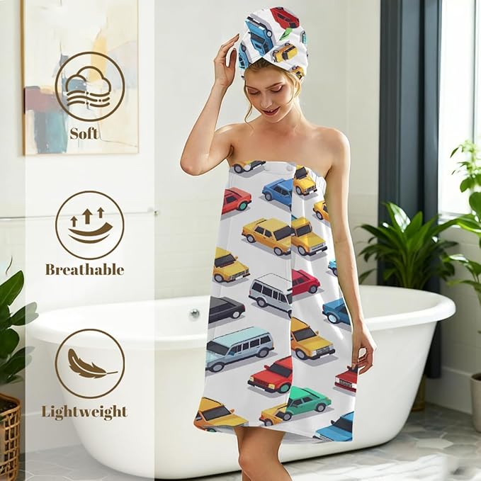 Women Bath Wrap Hair Towel Drying Cap Set Colorful Cars Pattern Soft Absorbent Bathrobe Shower Wraps with Adjustable Closure Spa Bath Robe