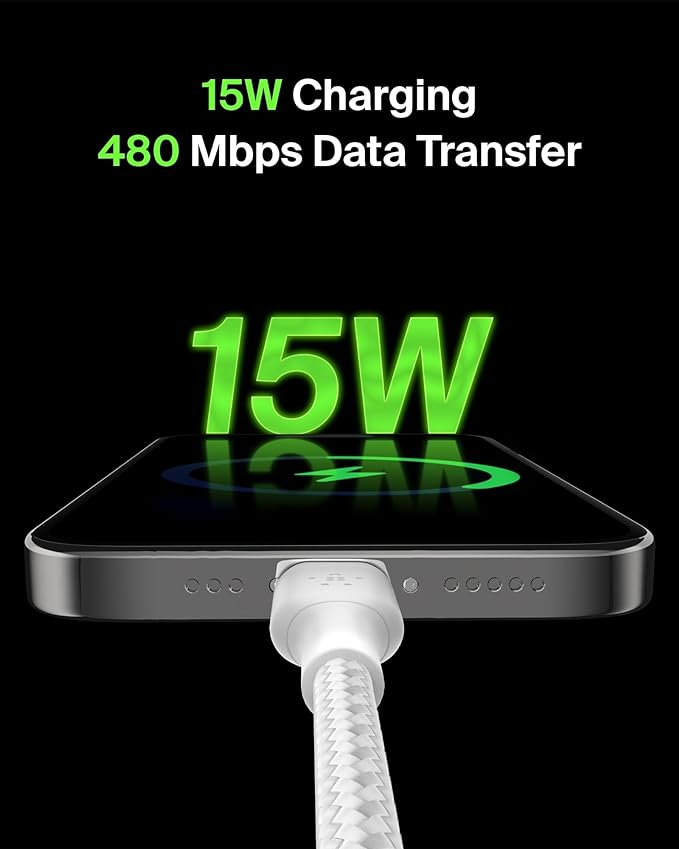 Belkin BoostCharge Braided USB-C to USB-A Charging Cable (3.3ft/1M) for iPhone 17 & 16 Series, Samsung Galaxy S25 Series, Google Pixel 10, iPad Pro, Nintendo Switch 2, Carplay, & More - White (2-Pack)