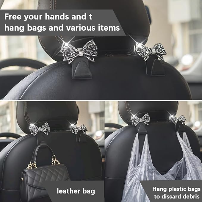 Zpana Bling Car Headreat Hook, 2PCS Crystal Rhinestone Cute Bow Vehicle Seat Back Hanger Storage for Purses Bags Grocery, Diamond Auto Rear Seat Organizer, Universal for SUV Truck Sedan (Pink)