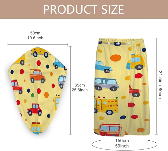 Women Bath Wrap Hair Towel Drying Cap Set Cartoon Cars Bus Pattern Soft Absorbent Bathrobe Shower Wraps with Adjustable Closure Spa Bath Robe