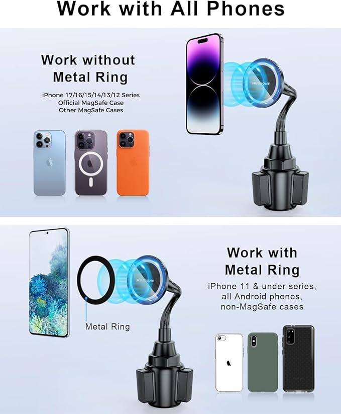 SUPERONE Upgraded for Magsafe Cup Holder Phone Mount,Universal Phone Holders for Car,Wireless Magnetic Car Mount with Adjustable Neck and 360°Rotation for iPhone,Samsung,Google and All Smartphones