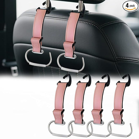 4Pcs Car Purse Hooks, Adjustable Leather Headrest Hooks for Car, Seat Back Organizer for Bags Purses (Pink)