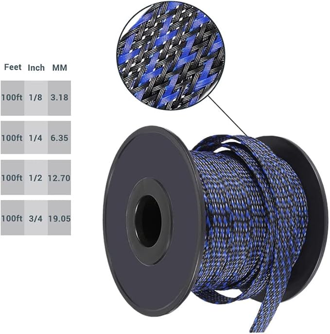 100ft-1/4inch PET Expandable Braided Sleeving Wire Loom Cable Sleeves Automotive Wire Sleeve Cable Management Wrap Wire Protector Tubing Desk Wire Organizer for Home,Office,Audio HDMI Cable,Black&Blue