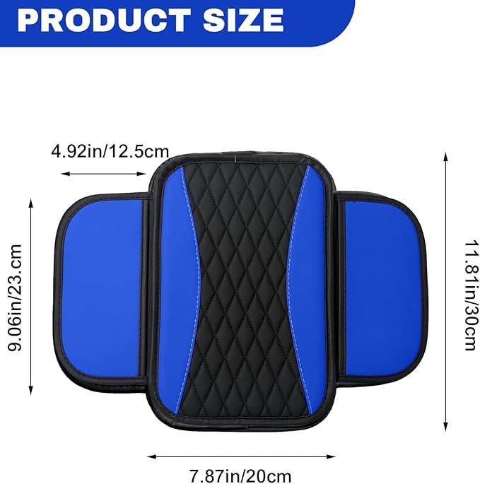 Leather Car Center Console Cover with Side Pockets, Upgraded Arm Rest Cover for Car Seat Organizer, Middle Console Cover Stylish Car Decoration, Universal for Most Vehicles (Blue)