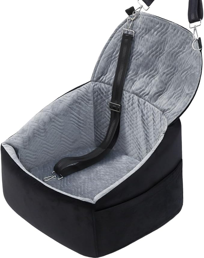 NUPIDA Dog Car Seat for Small Dogs, Dog Booster Seat with Extendable Backrest, Pet Car Seats up to 30 lbs, Washable Removable Cover Travel Bed with Storage Pockets and 2 Safety Leashes, Black&Grey