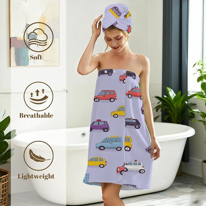 Women Bath Wrap Hair Towel Drying Cap Set Cute Cars Pattern Soft Absorbent Bathrobe Shower Wraps with Adjustable Closure Spa Bath Robe