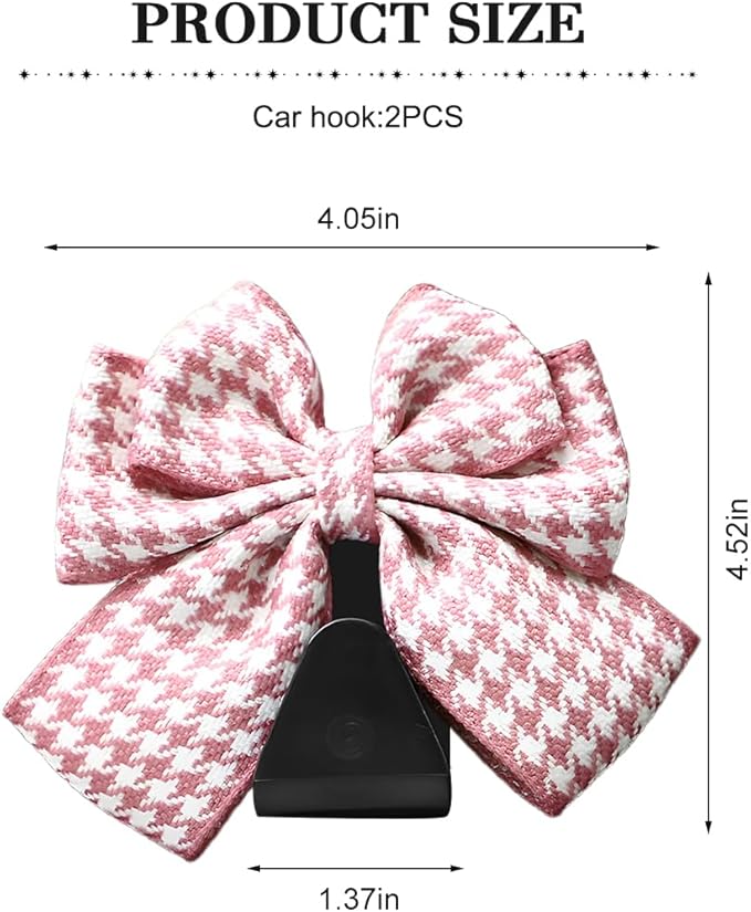 Cute Bow Car Seat Headrest Hooks, 2PCS Multifunctional Vehicle Rear Seat Hanging Hooks, Automotive Interior Seatback Storage Organizer for Purses Bags, Universal Fit (Pink/Houndstooth)