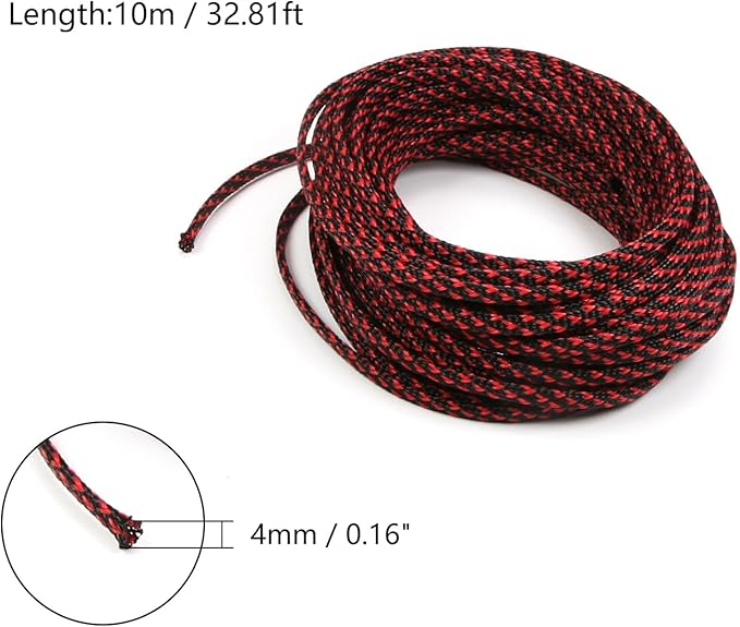 Aicosineg 32.81ft PET Flexible Braided Cable Sleeve 0.16inch Width Wire Loom Sleeving and Organizer Flexible Wire Mesh Sleeve Wrap Protector for TV Audio PC Cords from Pets Chewing Black and Red