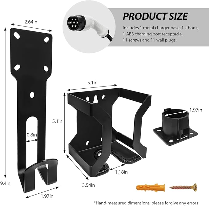 EV Charger Holder Wall Mount Kit, SAE J1772 EV Charger Cable Organizer Charging Box Holder, Space Saving Electric Vehicle Nozzle Holster Dock & J-Hook, Car Accessories