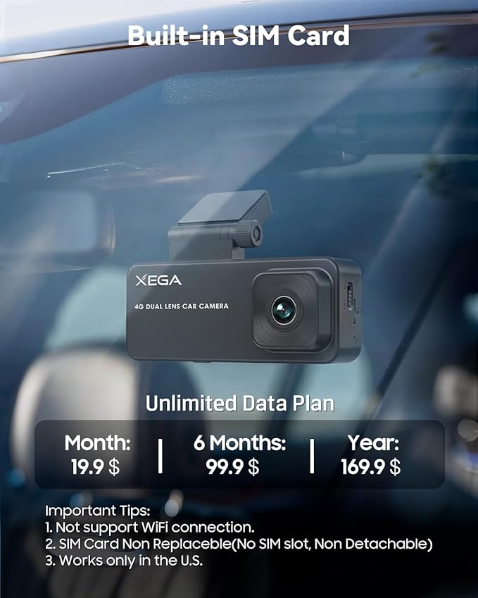 XEGA 2K 4G LTE Dash Cam Front and Inside, Remote Live-View Car Security Camera, No WiFi Needed, Anti-Theft Sentry Mode, Radar Parking Monitor, GPS Tracking, OBD Powered, Built-in SIM (Trial Included)