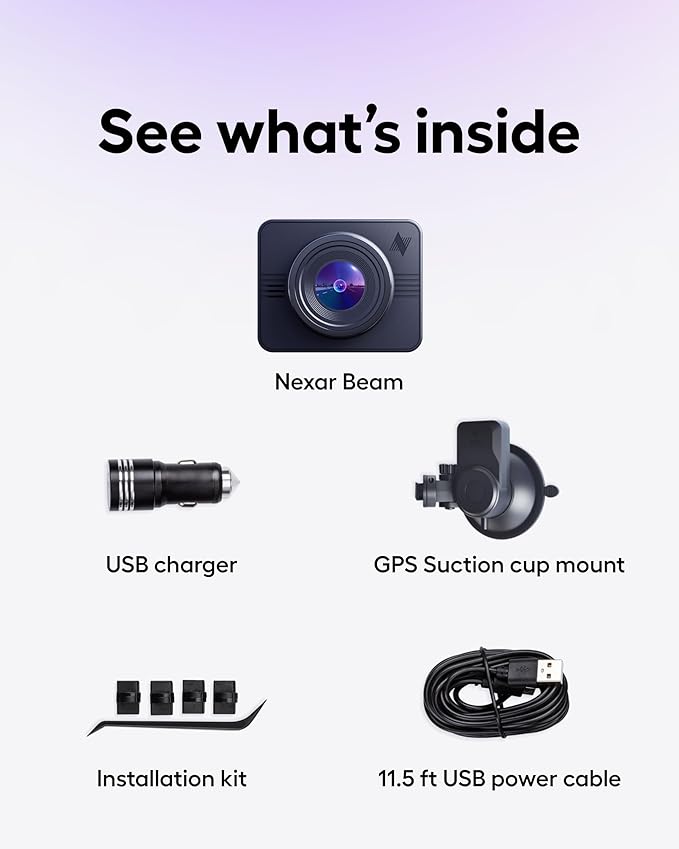 Nexar Beam GPS Dash Cam - Dash Camera for Cars with 32GB SD Card Included Unlimited Cloud Storage 24H Parking Mode Dash Cam for Cars. Wireless Car Camera with 1-Year Nexar Classic App Subscription