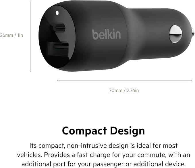 Belkin 37 Watt Dual USB Car Charger - Power Delivery 25W USB C Port & 12W USB A Port for PPS Charging Apple iPhone 14, 14 Pro, 14 Pro Max, iPhone 13, Samsung Galaxy, AirPods - Included Lightning Cable