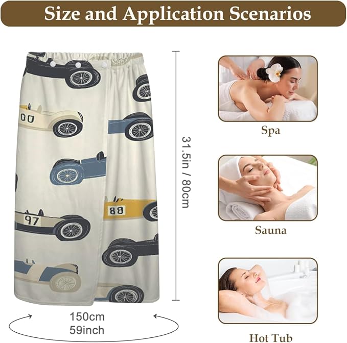Women's Bath Wrap Vintage Race Cars Print Absorbent Shower Spa Body Bath Robe Wraps Bathrobe Towel with Adjustable Closure