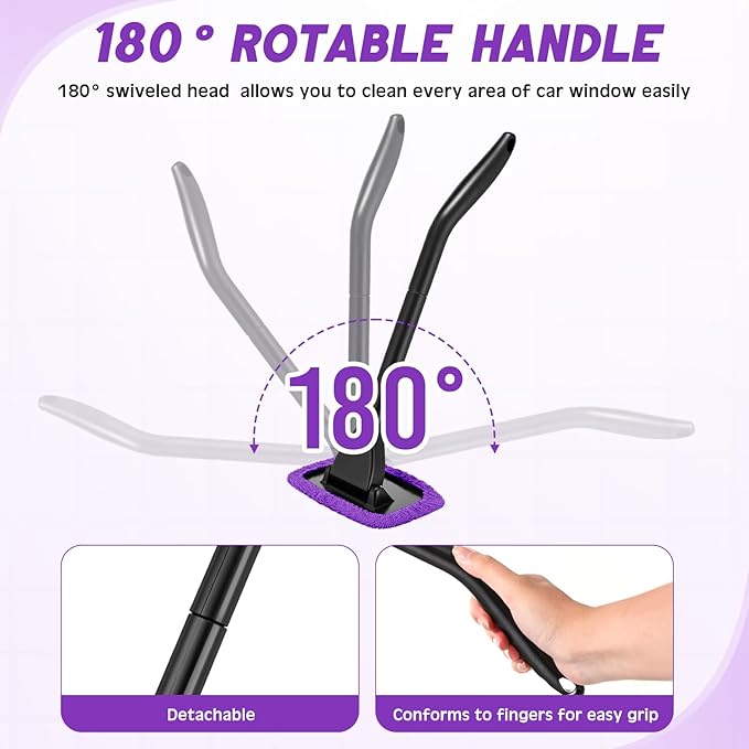 FoldTier 8 Pcs Car Windshield Cleaner Tool Kit with Removable Handle, Microfiber Towel Pads, Brush, Empty Spray Bottle for Auto Glass Wiper Suvs Rvs & Home Windows(Purple)
