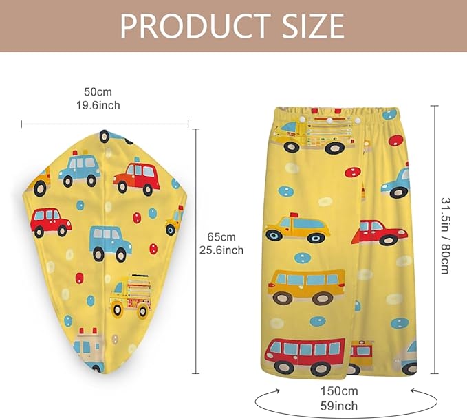 Women Bath Wrap Hair Towel Drying Cap Set Cute Cartoon Cars Bus Soft Absorbent Bathrobe Shower Wraps with Adjustable Closure Spa Bath Robe