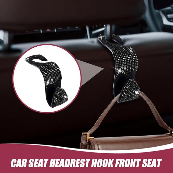 deemars 2 Pack Car Seat Headrest Hook, Bling Car Hooks Front Seat, Back Seat Organizer Hanger Storage Hook Car Purse Hook for Bags, Clothes, Coats, Grocery Bags (Black)