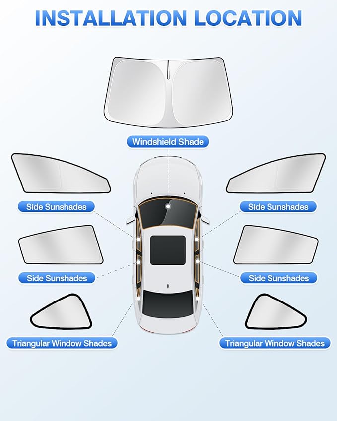 Canvcle Sunshades for Tesla Model 3 2016-2025 2026 (Fit Model 3 Highland) Accessories Windshield Sun Shade Side Rear Window Shade Cover Sun Visor Shield Privacy Protection Keep Vehicle Cool 7PCS