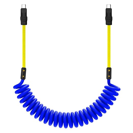 chubbycable Curly Chubby 240W Coiled USB C Cable Retractable Fast Charging Cable for Car Charger Cord Compatible with iPhone 17-15 Series, Light Blue+Yellow, Type-C to Type-C, 2.29FT-3.6FT