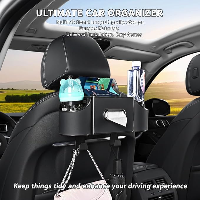 Backseat Car Organizer 4-in-1, Car Organizer Back Seat with Multi-Pocket & Cup Holder, Universal Back Seat Car Organizer, Car Seat Organizer for Travel & Daily Use (BLACK)