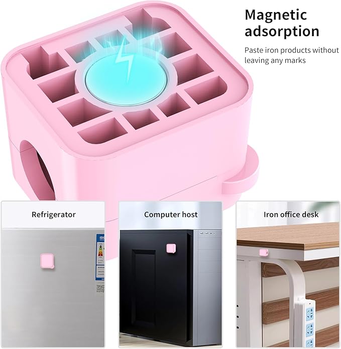 Magnetic Cable Organizer for Desk – Upgraded Wire Clips with Adhesive Base – Desktop Cord Holder for USB, Charging Cables – 6 Clips + 1 Magnetic Base (Pink)