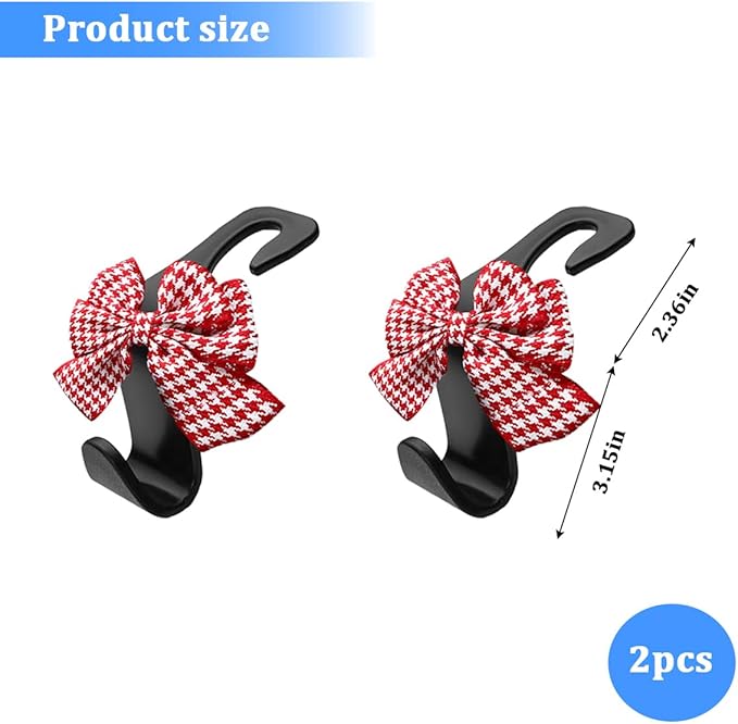 2PCS Car Seat Headrest Hooks, Cute Bow Vehicle Backseat Storage Hanger for Handbag Umbrella Coat, Automotive Seat Back Hook Holder Organizer Decor, Universal for Vehicles (Red Houndstooth)