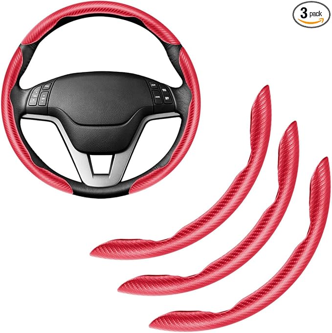 Amiss 3pcs Carbon Fiber Anti-Skid Steering Wheel Cover, Waterproof & Segmented Butterfly Design, Universal 99% Vehicle Wheel Cover Protector, Car Interior Accessories, Red