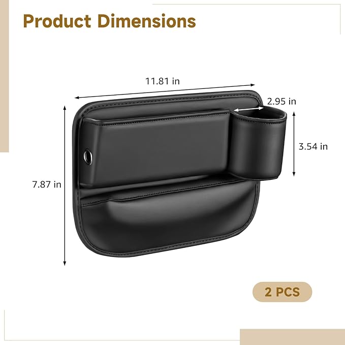 2 Pcs Car Seat Gap Filler Organizer, Black Leather Clutter Catcher with Cup Holder and Cable Hole, Car Seat Storage Pockets for Driver and Passenger Seats