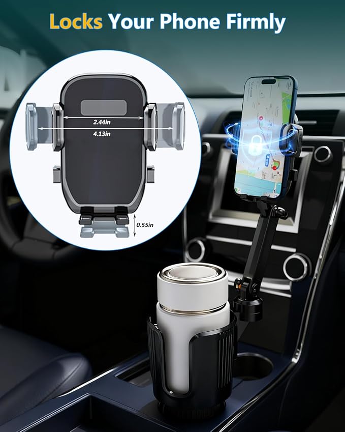 Cup Phone Holder for Car Cup Holder with Expandable Base, Detachable Dual Cellphone Holder Cupholder Car Mount with Long Arm Universal Fit iPhone and Large Bottle, for Truck SUV