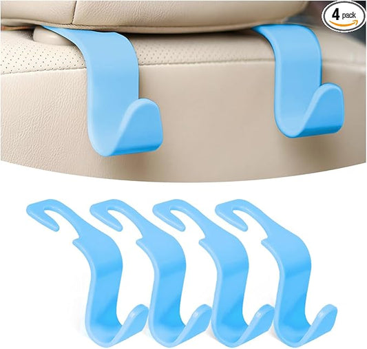 Osilly Car Seat Headrest Hook, 4 Pack Auto Seat Hanger Storage Organizer for Purse Handbag Coats Grocery Bags, Car Interior Accessories, Universal Vehicle Backseat Plastic Hanging Hook（Sky Blue）