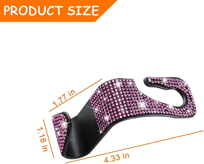 Mandark 4PCS Bling Car Seat Headrest Hooks, Crystal Rhinestone Vehicle Seat Back Hanger for Grocery Purses Handbags, Diamond Auto Seatback Storage Organizer Hanger, Universal for Most Cars (Pink)