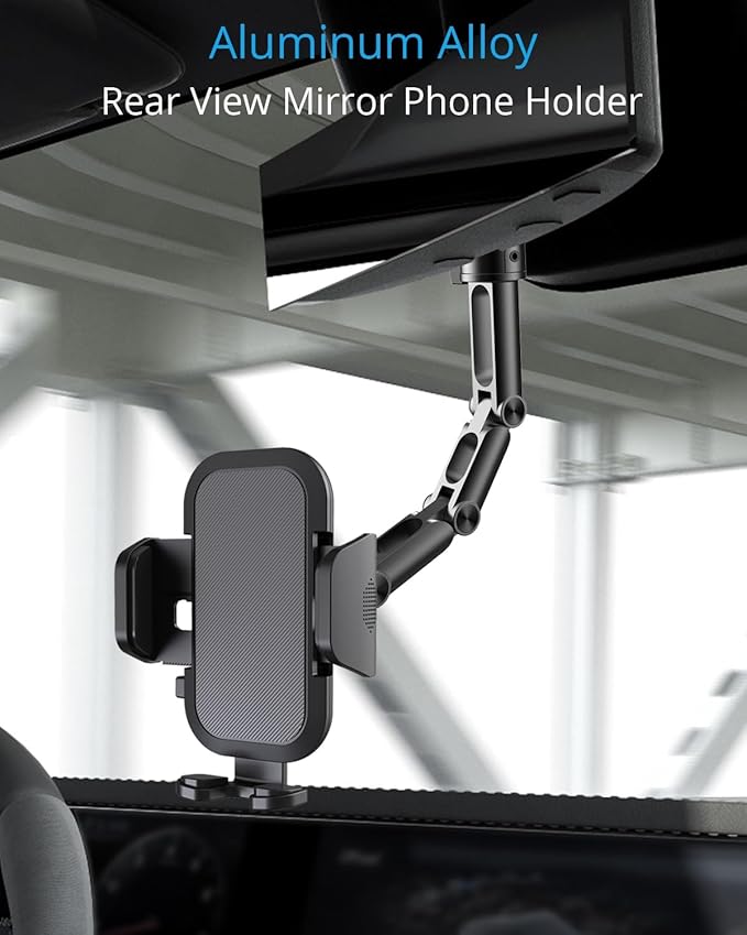 Upgraded Phone Holder for Your Car, Rear View Mirror Phone Holder - Aluminum Alloy Mount Multi-Angle Adjustment Rotatable and Retractable Compatible with 4-7 Inch iPhone and Android Phones (Black)