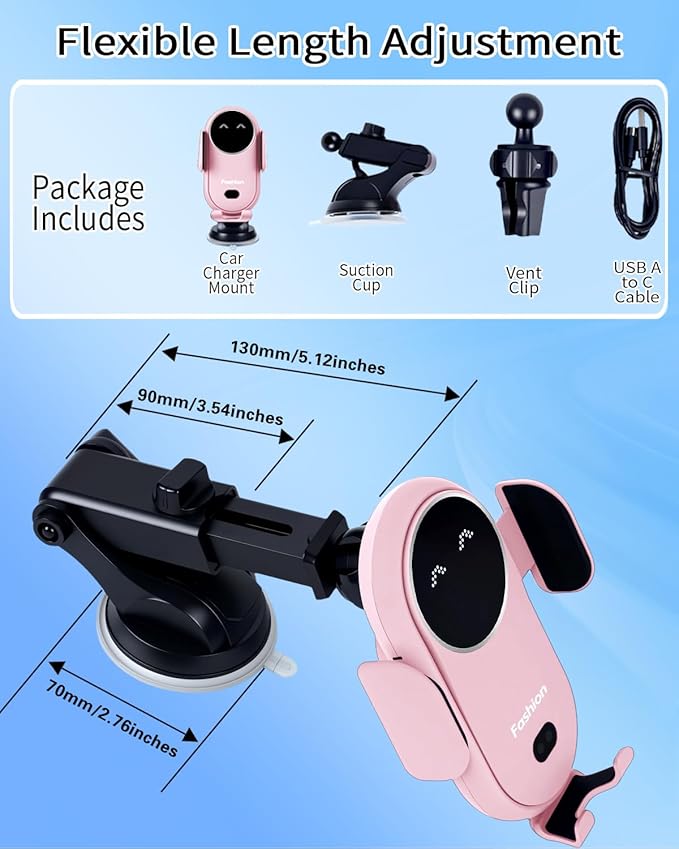 Wireless Car Charger Mount with Air Vent Clip & Suction Base, 15W Fast Auto-Clamping Charging Phone Holder for iPhone 17/16/15/14, Samsung S24/S23, etc.(Pink)