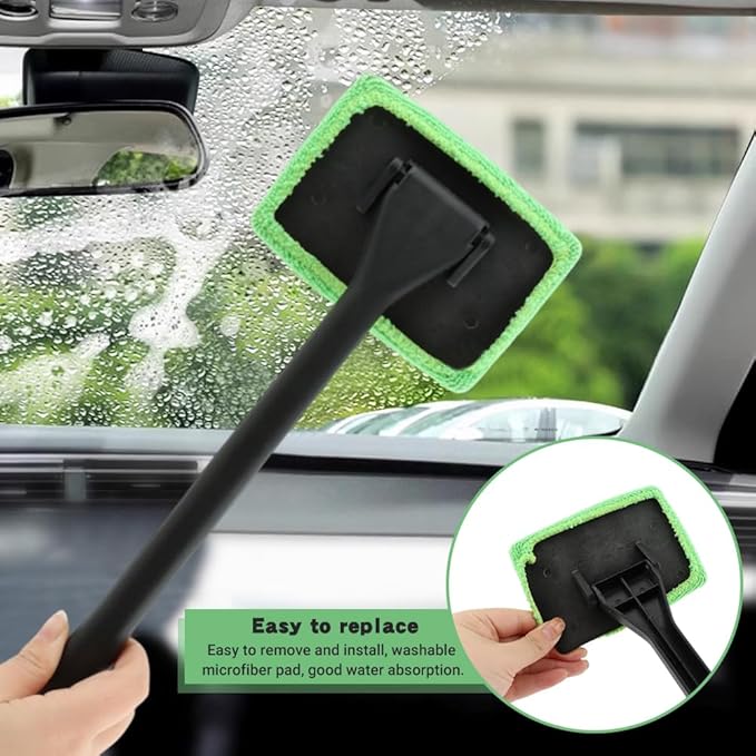 Windshield Cleaner Tool, Car Window Cleaner with Extendable Handle,5 Reusable Microfiber Pads,Windshield Cleaning Tool,Auto Glass Wiper for Car Detailing,Home Windows(Green)