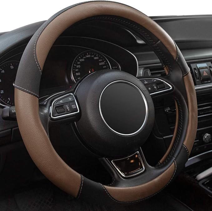 Xizopucy Steering Wheel Covers Black Universal Microfiber Leather, Suitable for 14 1/2-15 inch Car Steering Wheel Cover, Breathable, Anti Slip- Brown