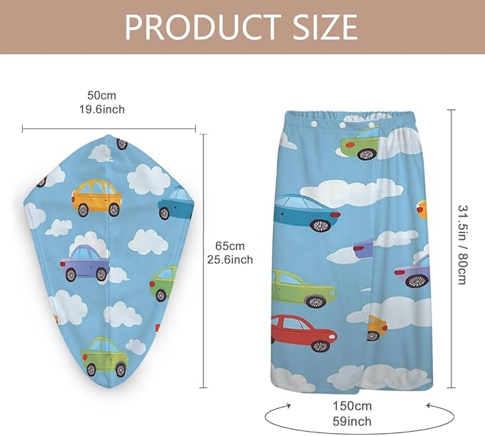 Women Bath Wrap Hair Towel Drying Cap Set Colorful Adorable Cars Clauds Soft Absorbent Bathrobe Shower Wraps with Adjustable Closure Spa Bath Robe