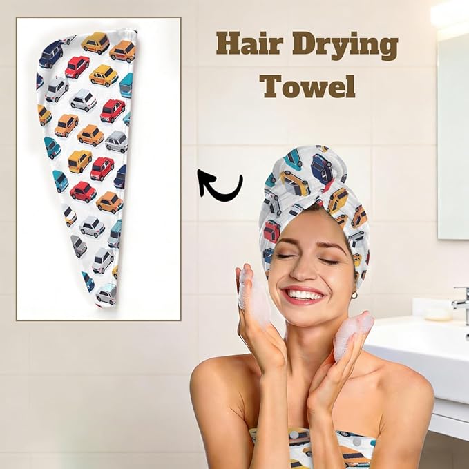 Women Bath Wrap Hair Towel Drying Cap Set Colorful Cars Pattern Print Soft Absorbent Bathrobe Shower Wraps with Adjustable Closure Spa Bath Robe